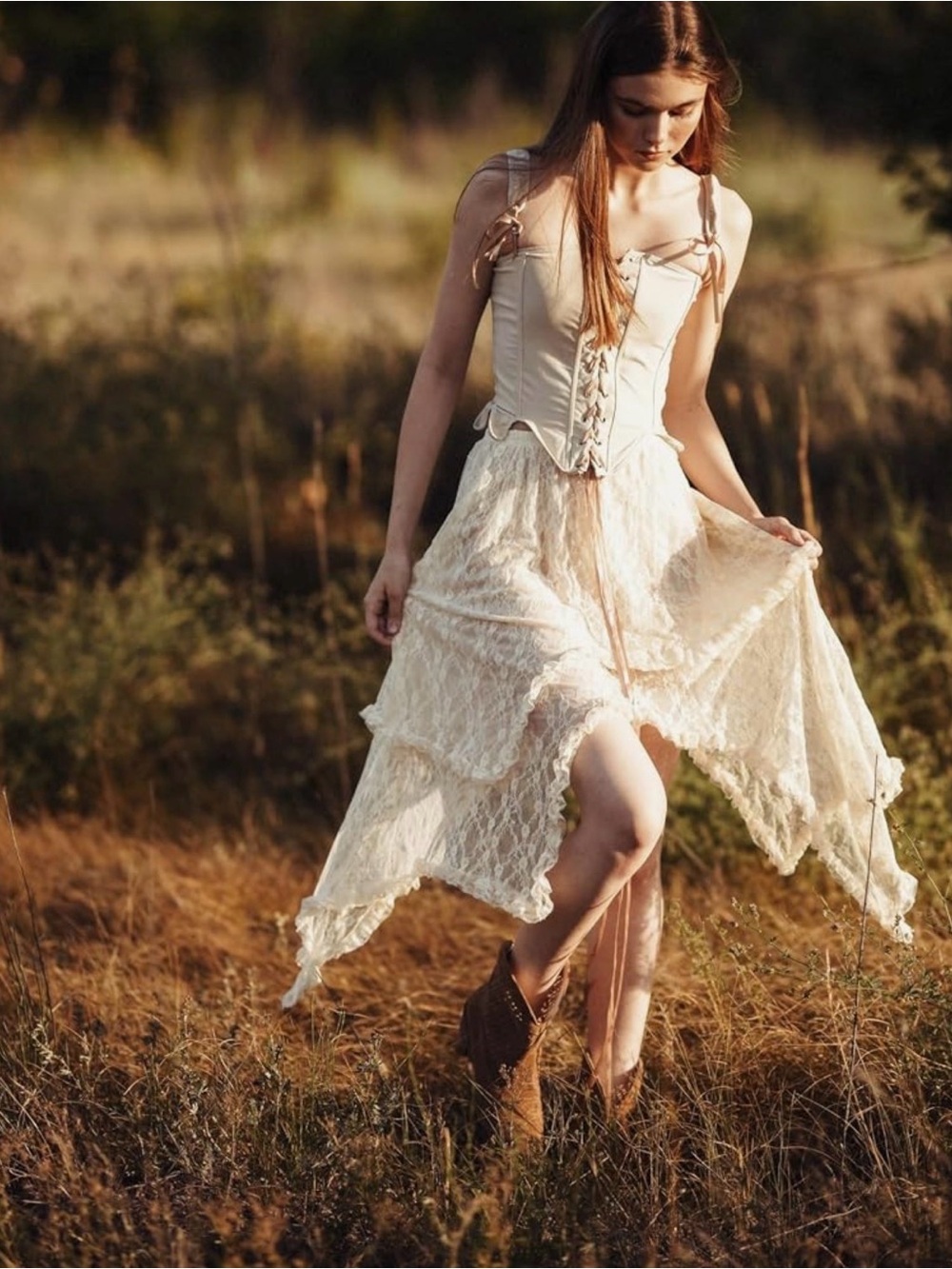 Beautiful Long Lace Skirt Asymmetrical Layered Hem Flowy Skirt M